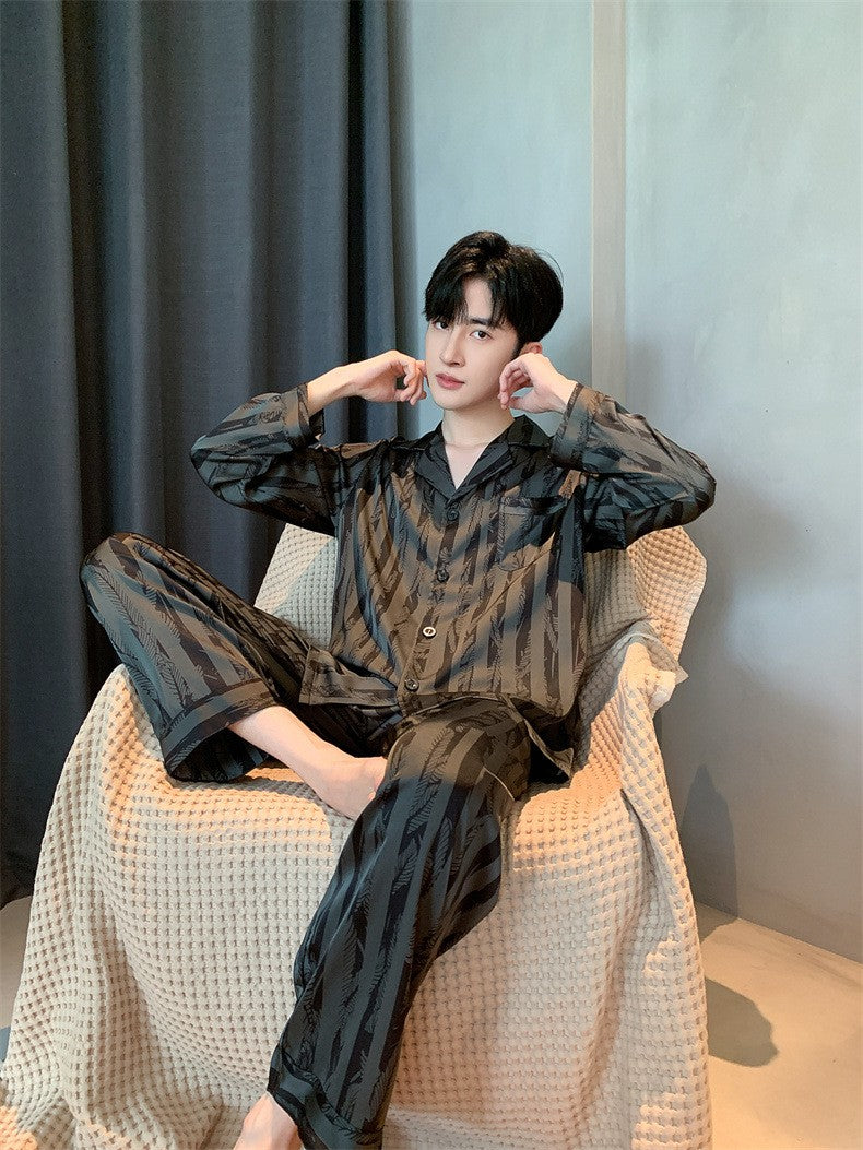 Large Size Ice Silk Men's Sleepwear 2025 New High-End V-Neck Thin Long Sleeved Two-Piece Set for Home Wear Youth Nightwear