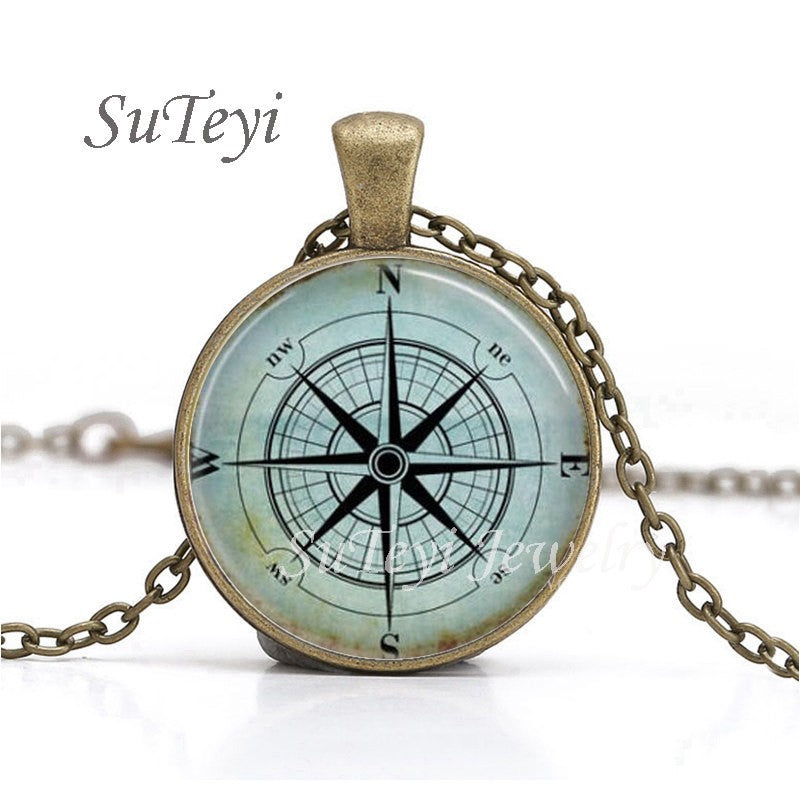 Colar de Pingente de Bússola Steampunk com Cabochão de Vidro Redondo Vintage para Homens e Mulheres