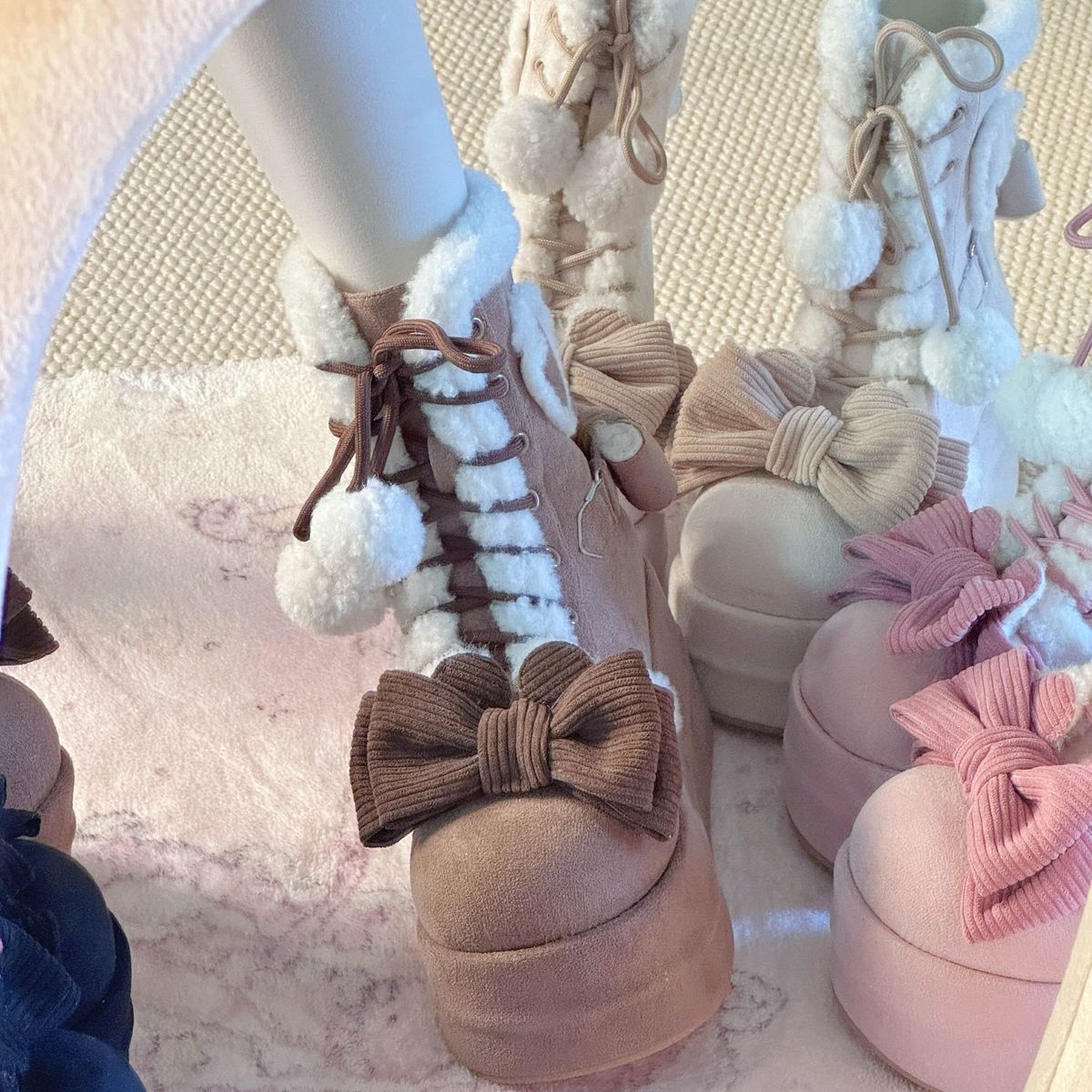 Sweet Winter Girls Lolita Mid-Calf Snow Boots,Cute Female Students Plush Warm Bowknots Lace Up Wedge Heel Heightening Shoes