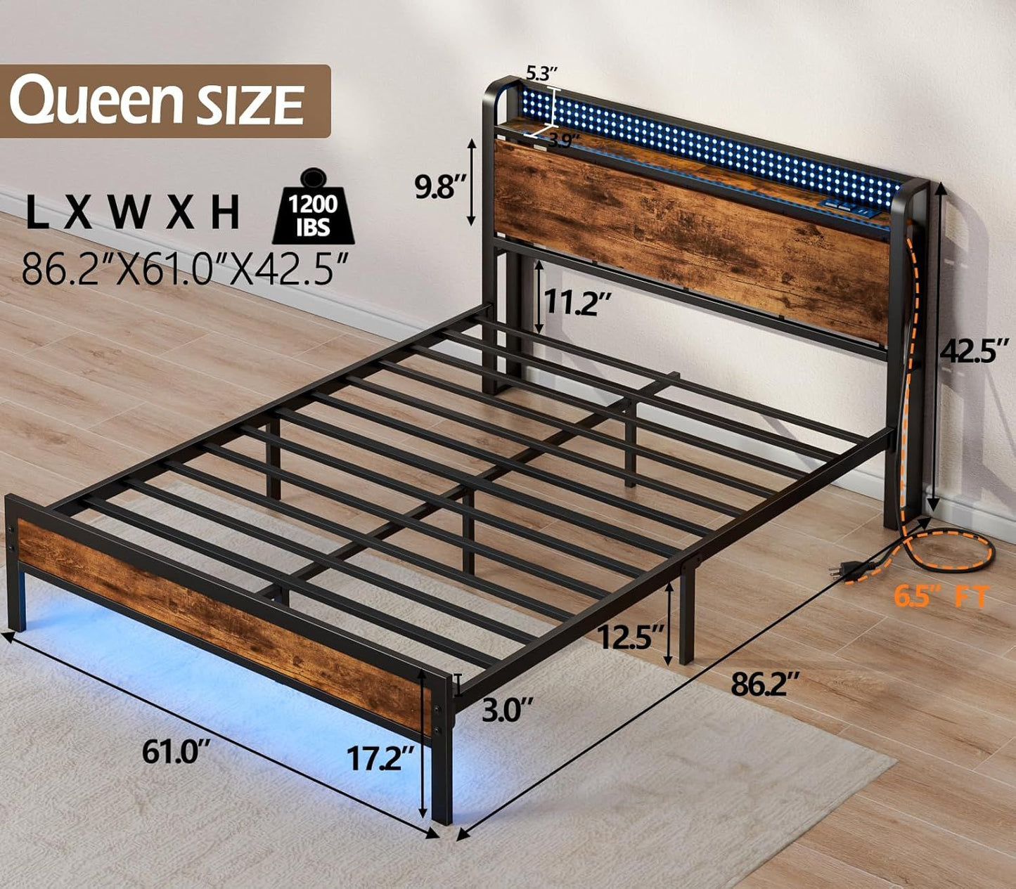 Cama Queen com Carregador e Luzes de LED, Cama Plataforma Queen Industrial com Cabeceira de Armazenamento, Porta USB