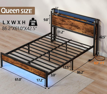 Cama Queen com Carregador e Luzes de LED, Cama Plataforma Queen Industrial com Cabeceira de Armazenamento, Porta USB