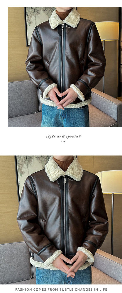 Autumn and winter warm thick leather jacket for men's trendy slim fit lapel motorcycle suit men's leather jacket