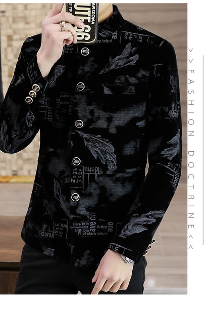 Luxury Retro Velvet Suit Jacket for Men Fashion Slim Fit Stand Collar Blazer Masculino Casual Business Wedding Dress Coat