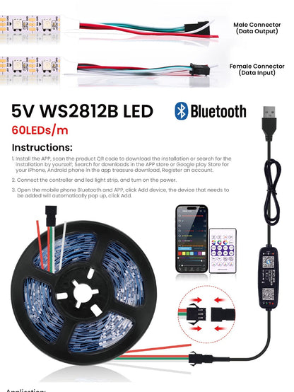 WS2812B LED Strip 5V 12V USB Bluetooth Music Controller Kit  Individually Addressable  RGB LED Strip 30/60/74/96/144Leds/m DC5V