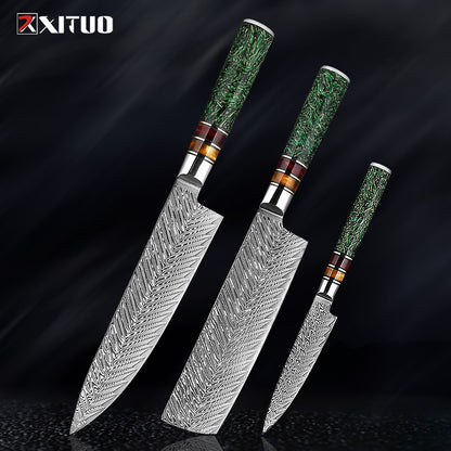 Conjunto de Facas de Cozinha XITUO Luxury Damascus Japonesas Chef Santoku Faca Cutelo Descascar Faca de Pão Cabo de Resina Sintética Destaque
