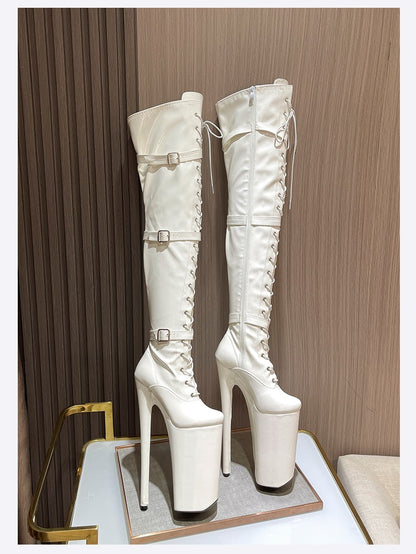 26cm Super High Heel Thigh High Boots Sexy Women Shoes Pole Dance Stripper Shoes Platform Over-the-Knee Zip Crotch High Boots
