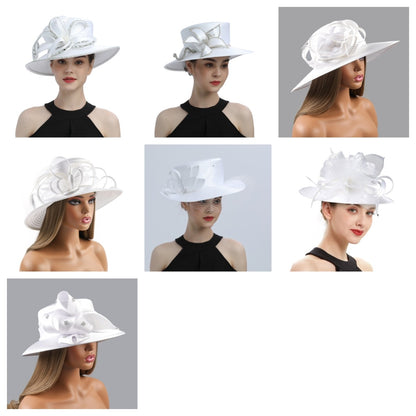 Deluxe New White Church Hat Party Banquet Satin Cloth Photography Hats Premium Chains Formal Hat Flower Top Cap For Women Ladies