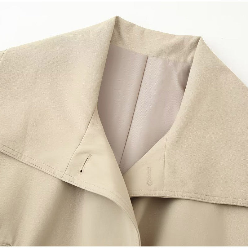 Belted Waist Cropped Trench Double Breasted Stand Collar 2025 Autumn Chic Elegant Women Coat Casual Vintage Office Lady Jacket