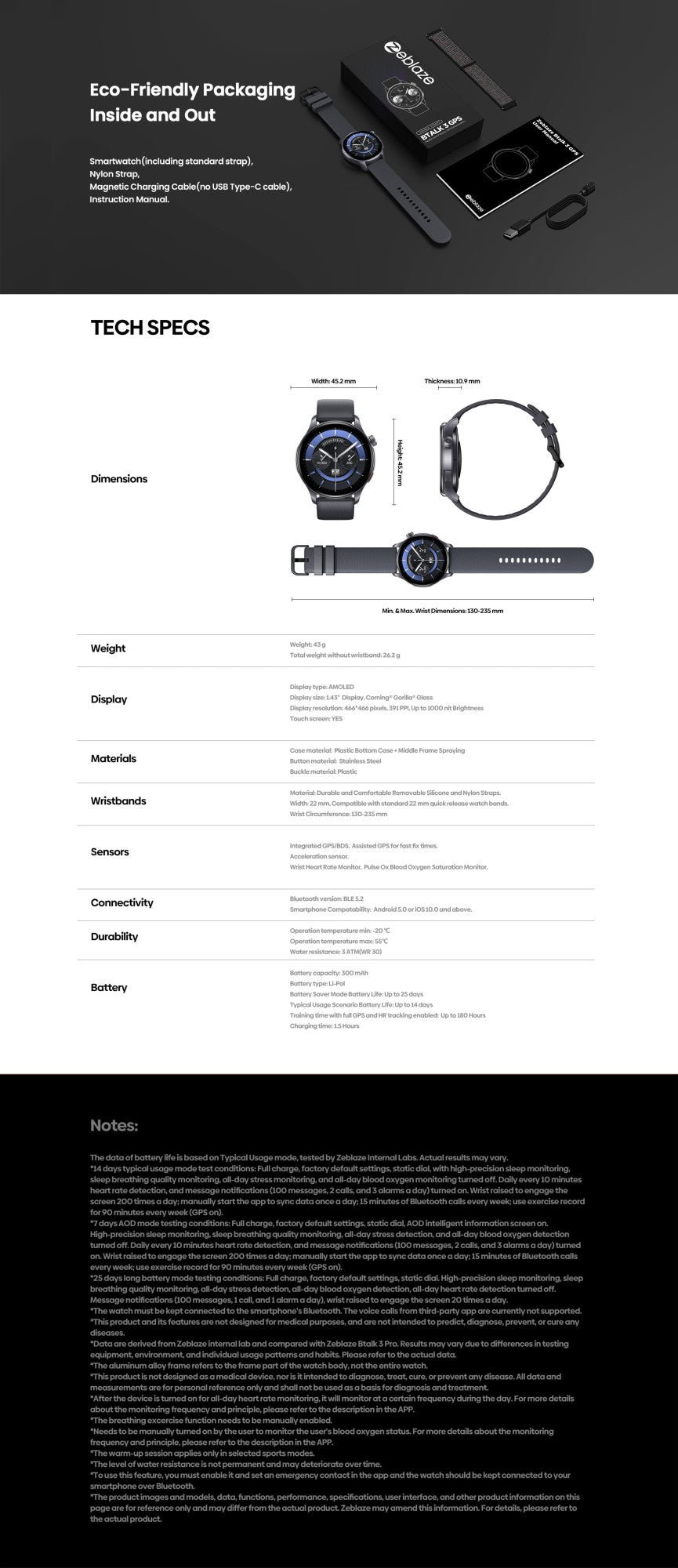Novo Zeblaze Btalk 3 GPS Smartwatch Tela AMOLED de 1,43" Dupla Pulseira Chamada Bluetooth Relógio Esportivo Monitoramento de Frequência Cardíaca SpO2 Estresse