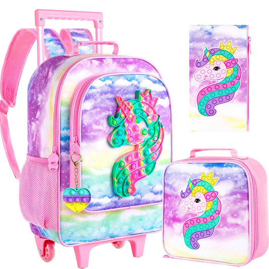 3PCS Kids Rolling Backpack for Girls, Mermaid Roller Wheeled Bookbag Toddler Elementary School Bag with Wheels - Pink