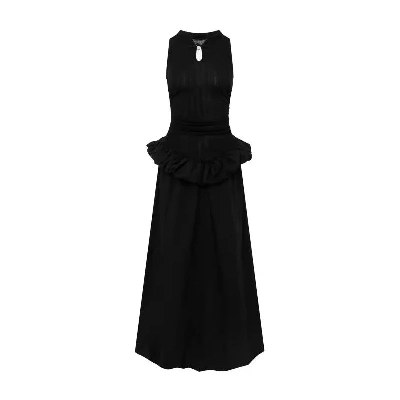 MEXZT Vintage Black Long Dress Women Party Prom Ruffles Sleeveless Maxi Dresses