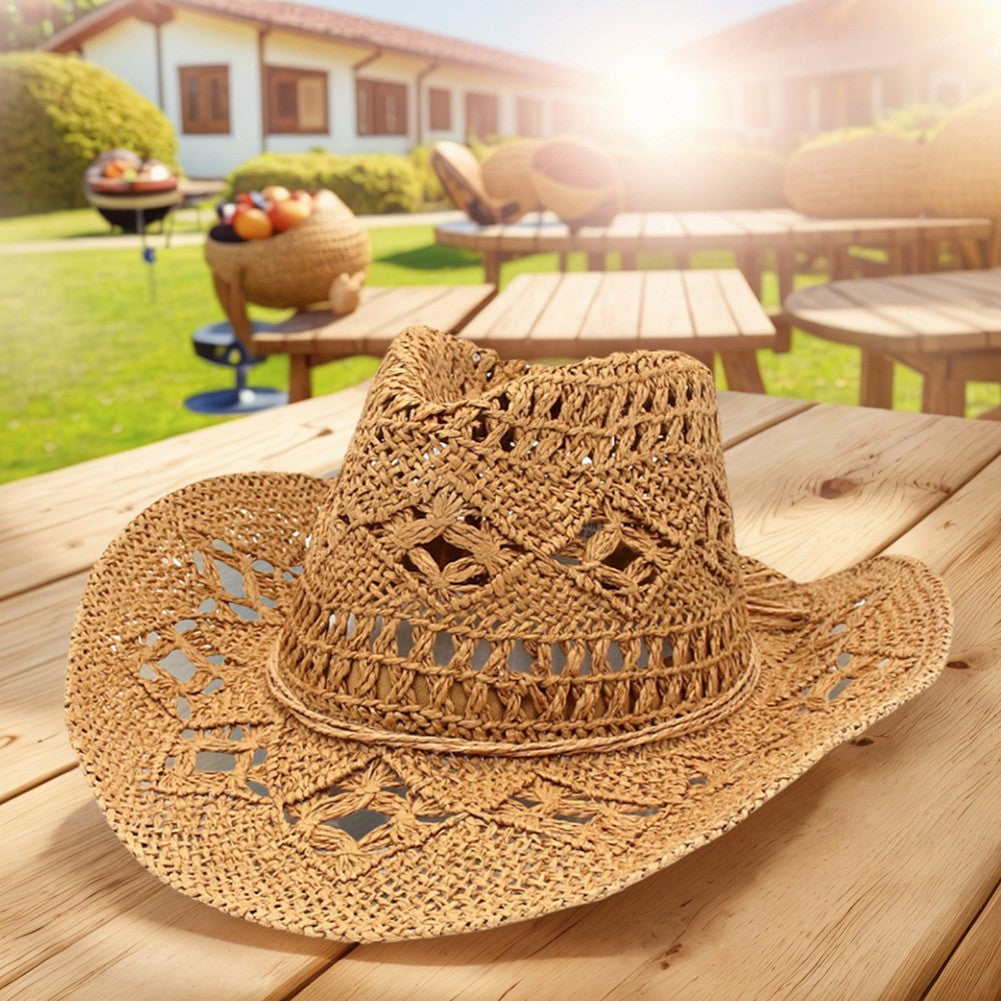 Chapéu de Sol Boêmio de Verão com Conchas, Chapéu de Cowboy Feminino e Masculino Dobrável Vazado de Palha com Aba Larga para Férias