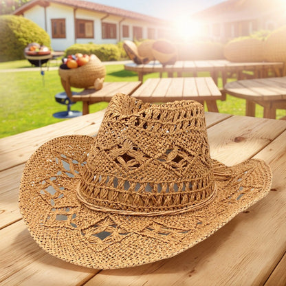 Chapéu de Sol Boêmio de Verão com Conchas, Chapéu de Cowboy Feminino e Masculino Dobrável Vazado de Palha com Aba Larga para Férias