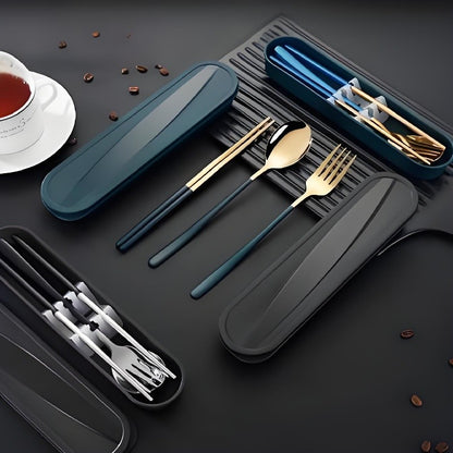 Conjunto Portátil de Utensílios de Aço Inoxidável - Colher, Garfo e Hashis de 3 Peças para Viagem, Acampamento, Almoço Escolar, Kit de Jantar Estilo Coreano