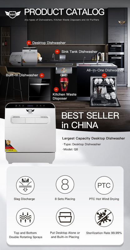 New Model 8 Sets Household Automatic Home Dish Washer Portable Smart Dishwasher for Kitchen OEM Q8