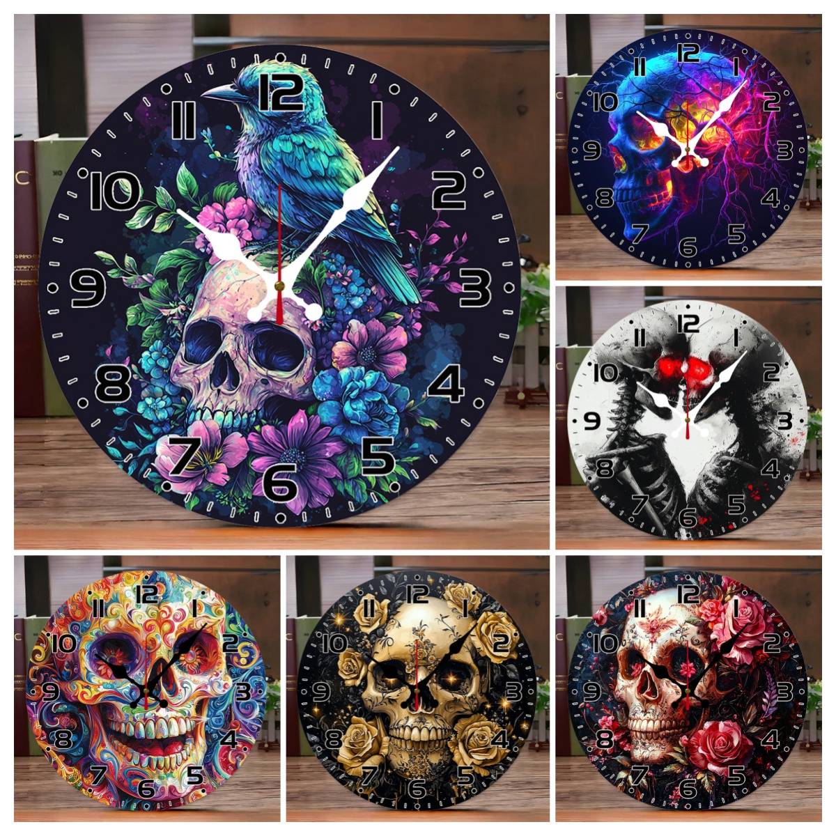 Evil Skull Wooden Round Silent Hanging Wall Clock, Suitable For Living Room, Office, Study Room, Bedroom, Home Decoration