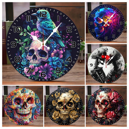 Evil Skull Wooden Round Silent Hanging Wall Clock, Suitable For Living Room, Office, Study Room, Bedroom, Home Decoration