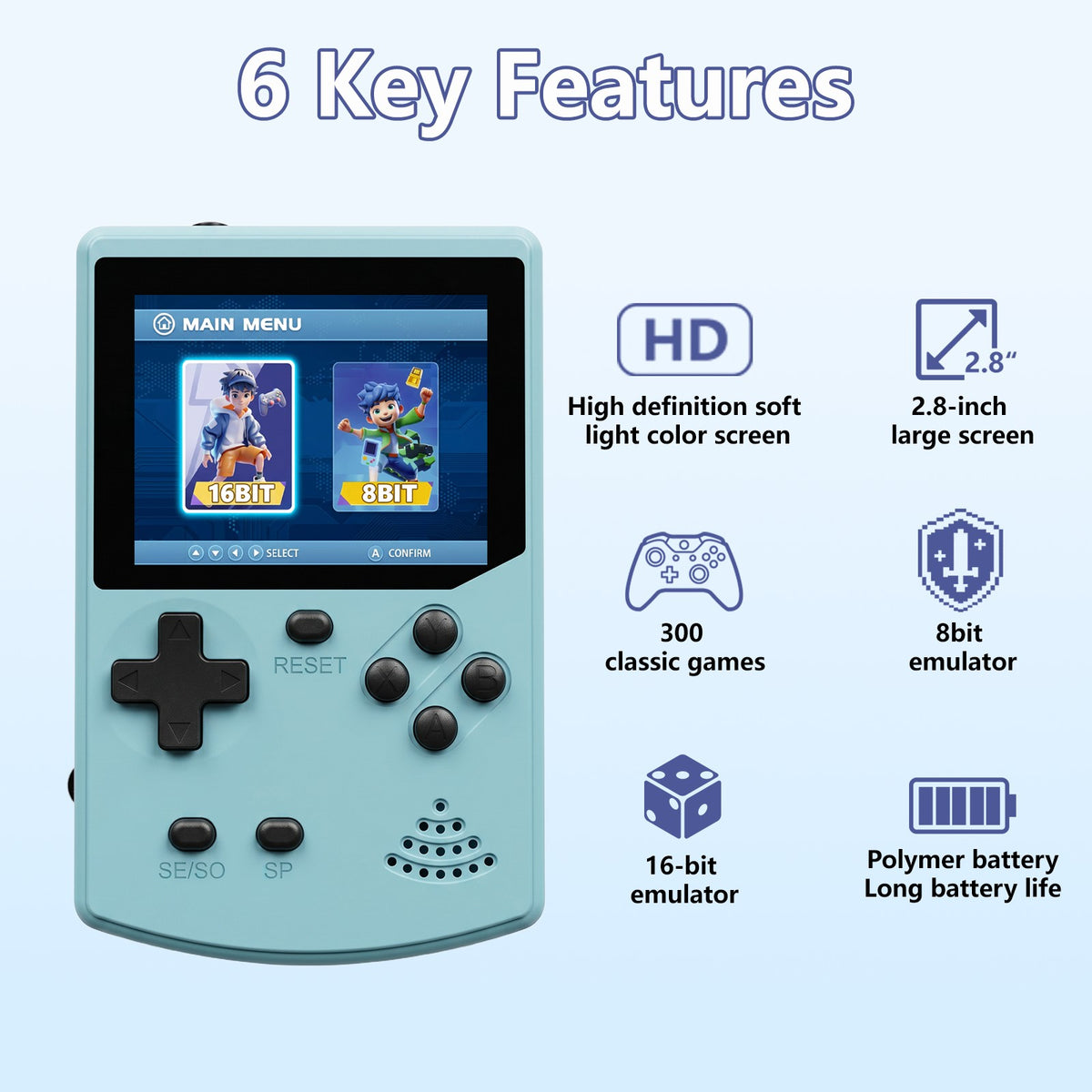 GAMINJA Handheld Game Console 300 Classic 8bit/16bit Games 2.8" HD Screen Retro Video Mini Game Console Gift for Nostalgia