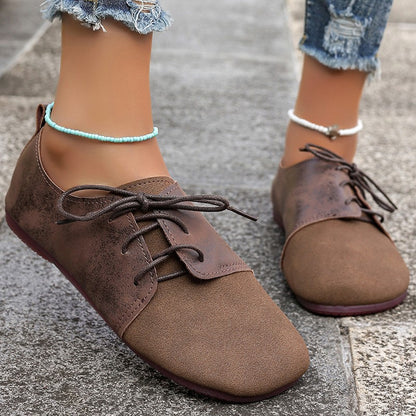 Round Toe Faux Suede Flats Shoes Women Spring Autumn Concise Lace Up Flat Heel Shoes Woman Plus Size Non Slip Casual Shoes Lady
