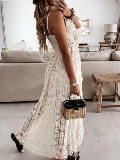 2024 Summer Lace Sleeveless Women Dress V Neck Hollow Out Elegant Loose Dresses