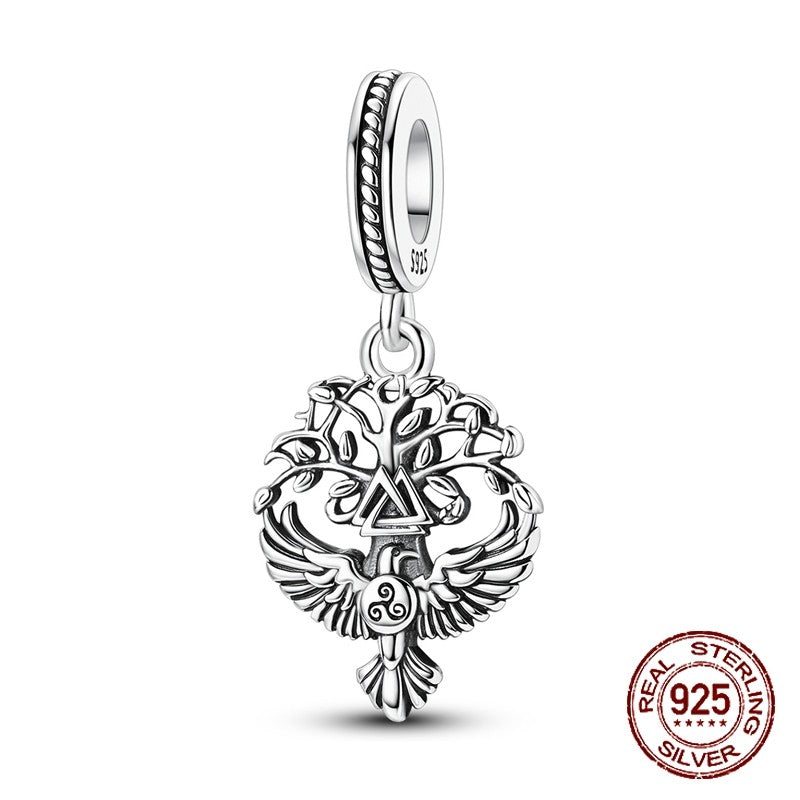 Pingente Prata Esterlina 925 Corvo de Odin na Árvore da Vida Yggdrasil Berloque Original para Pulseiras Joias DIY Presente Feminino