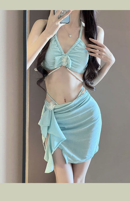 3 Piece Pearl Fringe Bikini Set Women's Separate Swimsuit Slimming Bathing Suit for Hot Spring Vacation Style Beach Pool Party