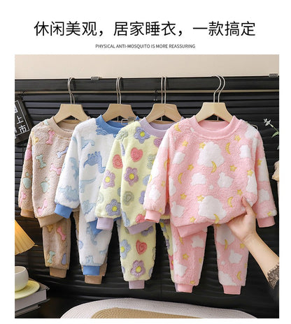 Winter Kids Pajama Set Thick Flannel Sleepwear for Boys and Girls, Warm Fleece Lined Homewear for Toddlers and Children