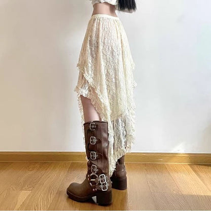 Lace Asymmetrical Skirt Women Vintage Y2K Boho Aesthetic Fashion High Waist Mid Skirts Summer Ladies Holiday Outfits