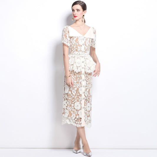 Quality Summer Beaded Diamonds Embroidery Beige White Lace Evening Dress Women S