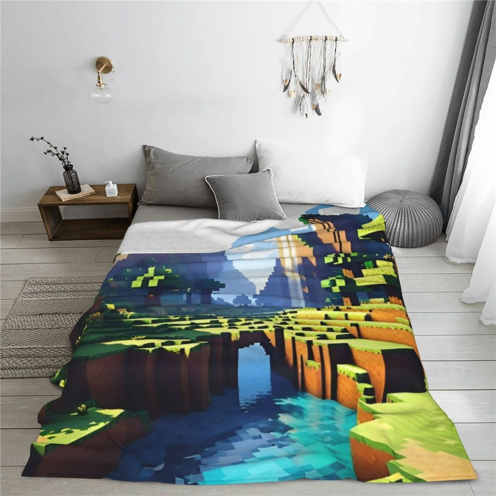 Cartoon Mines Pixel Game Crafts Flannel Blanket Super Warm Throw Blanket for Home Decor Decorative Street Trend Bedspread