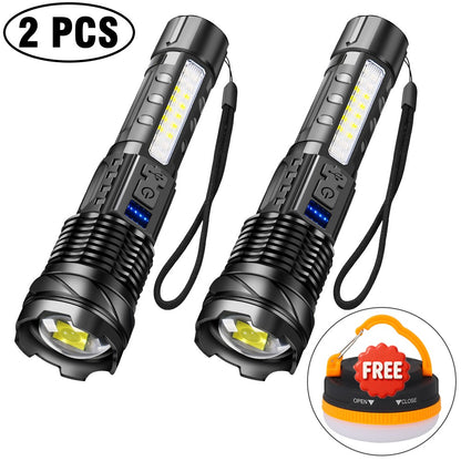 High Power LED Flashlight Powerful USB Rechargeable Zoomable Flashlight with COB Side Light Torch for Outdoor Camping Hiking
