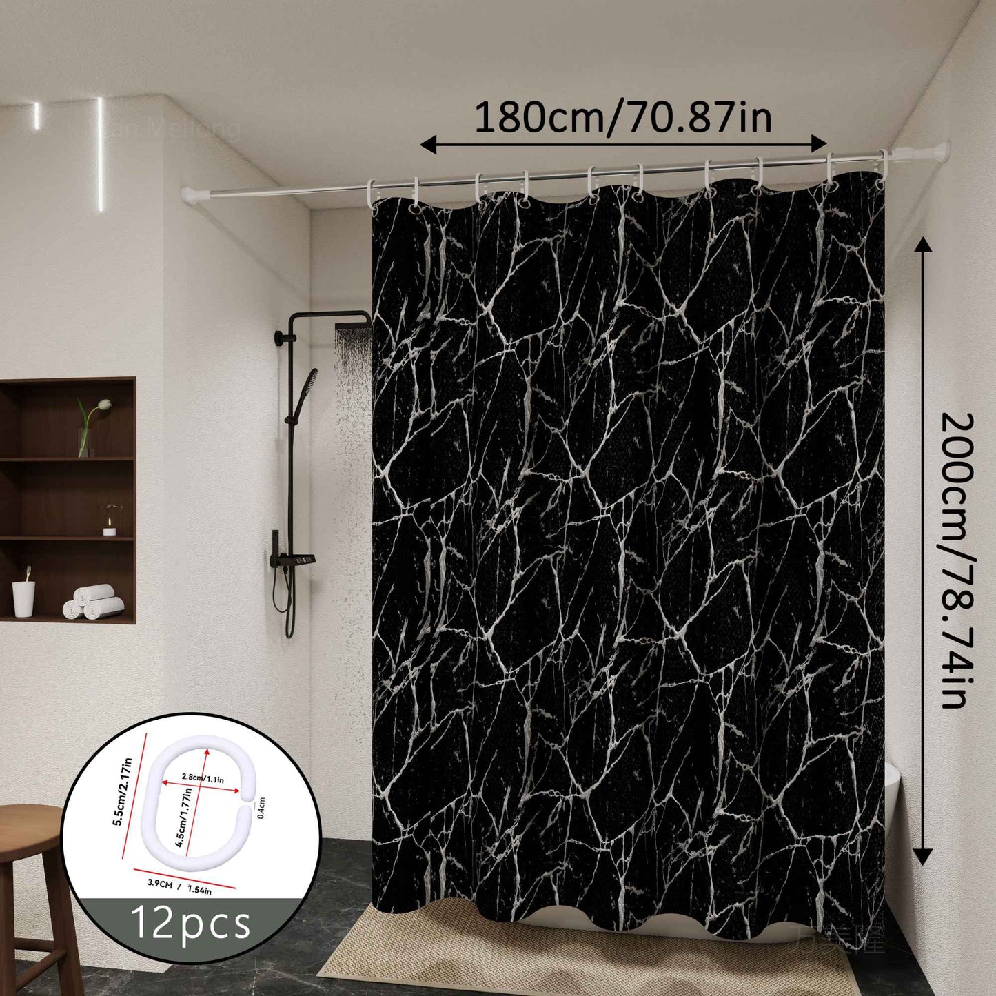 Bathroom Shower Curtain Waterproof Bathtub Bathing Curtains Easy Clean and Wipe PEVA Shower Curtains Marble Curtain with Hooks