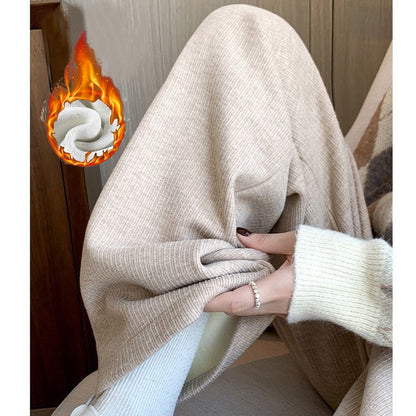 Winter Lady Korean Fashion High Waist Fleece Pants Women Slim Fit Straight Leg Plush Trousers Girls Snow Warm Casual Pants