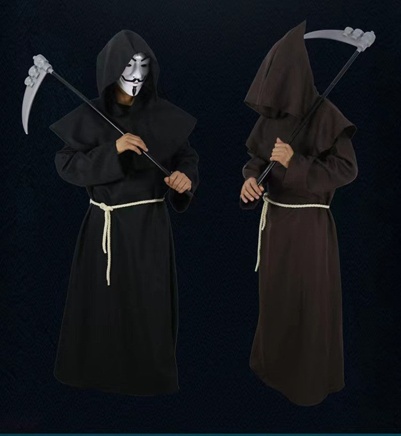Medieval Monk Cosplay Wizard Hooded Robe Steampunk Priest Horror Cloak For Men Unisex Mask Hat Costume Halloween Masquerade Cape