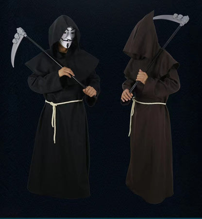 Medieval Monk Cosplay Wizard Hooded Robe Steampunk Priest Horror Cloak For Men Unisex Mask Hat Costume Halloween Masquerade Cape