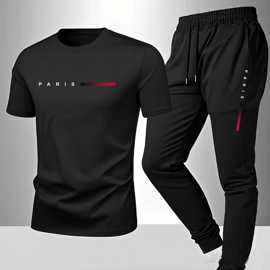 PARIS Men s casual suit spring and summer new style letter print American trend sports fashion short sleeved pants two-piece set