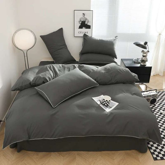 Black Bedding Set - Minimalist Queen/King Size Quilt Set 100% Cotton Plain Bed Cover Full Set (Includes Pillowcases)?