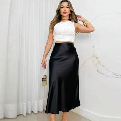 Women 2025 Satin Black Skirt Women High Waist Long Skirts for Women Summer White