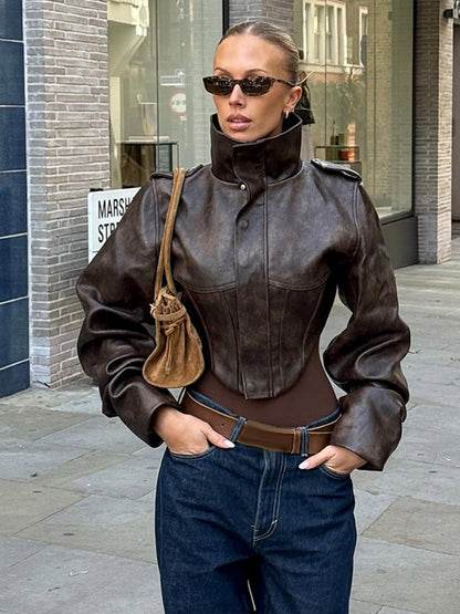 Vintage Women's Cropped Faux Leather Jacket Stand Collar Balloon Sleeve Biker Style PU Leather Coat Streetwear Fashion Outfit