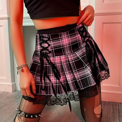 Gothic Retro Dark Lace Up High Waist Plaid Print Mini Skirts Women Vintage Harajuku High Waist Lace Ruffles Y2K Aesthetic Skirt