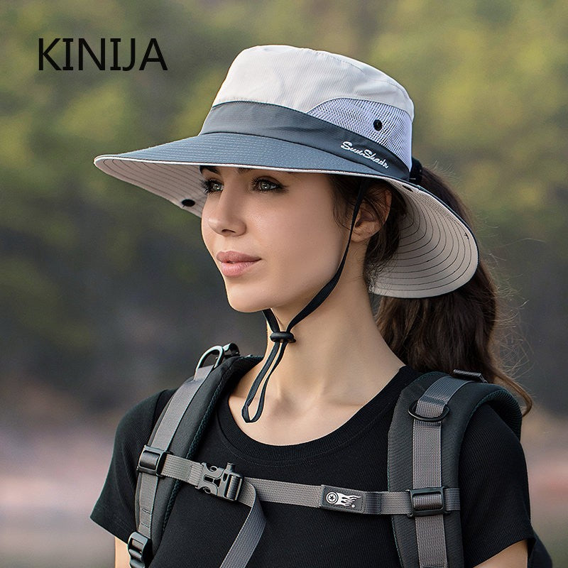 Women Ponytail Fisherman Hat Waterproof Sun Cap Pure Color Outdoor Travel Fishing Climbing Hiking Large Brim Bucket Hat undefine