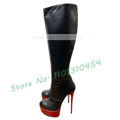 Red Platform Black Knee High Boots Ladies Round Toe Color Matching Stiletto Shoes Women Trendy Big Size Slim High Heels Boots