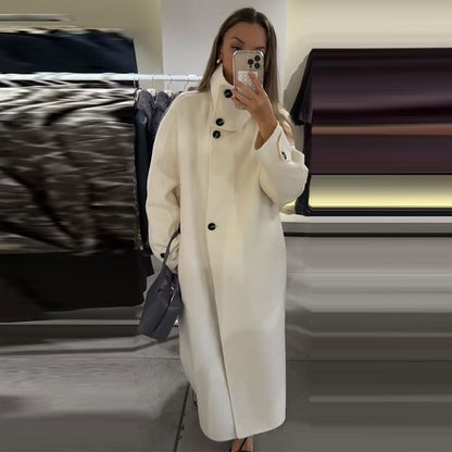 Elegant Women's Overcoat Stand Collar Single Breasted Full Sleeve Solid Female Long Coats 2025 Autumn Fashion Chic Lady Outwear