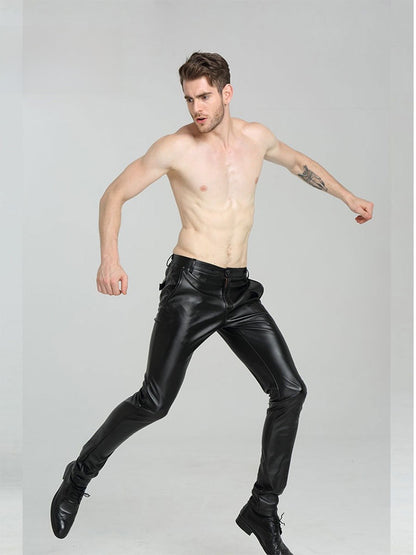 Men's Slim Fit Leather Pants Motorcycle Trendy Sle Long Trousers Thiened PU Fabric Summer Season Faionable Biker Pants