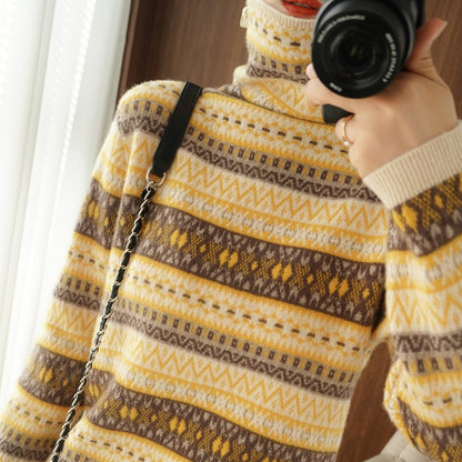 Autumn and Winter New 100% Wool Cashmere Sweater Women's High Neck Pullover Casual Knitted Loose Korean Fashion Color Block Top