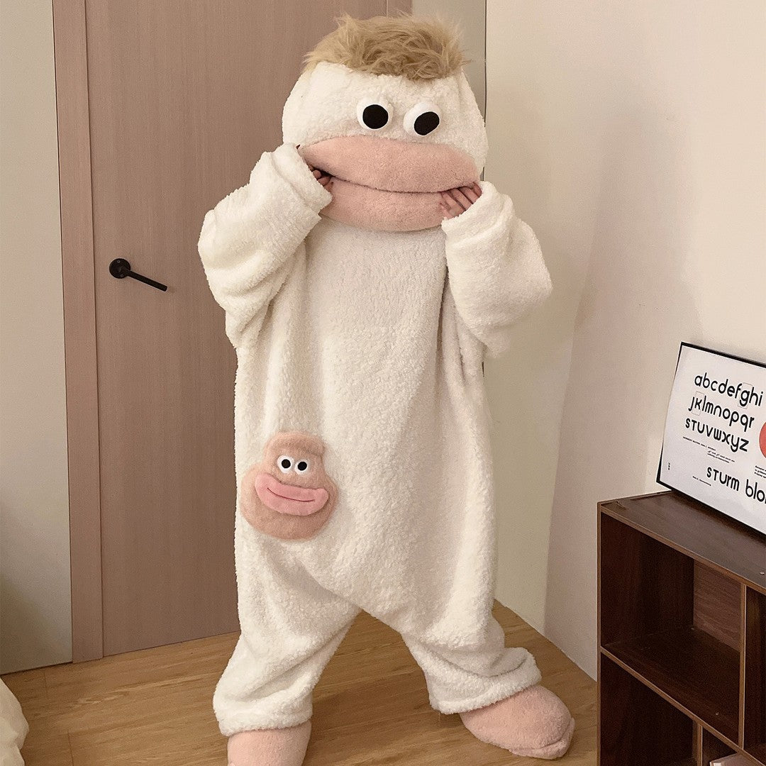 Funny Big Mouth Monster Onesie Pajamas Fluffy Coral Fleece Hooded Loungewear with Pocket Cartoon Party Costume