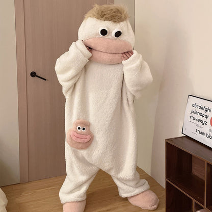 Funny Big Mouth Monster Onesie Pajamas Fluffy Coral Fleece Hooded Loungewear with Pocket Cartoon Party Costume
