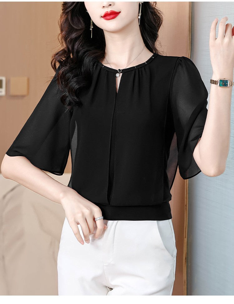 Summer Clothing Half Sleeve Chiffon Blouse 2025 New Fashion Loose Women Tops Solid Color Casual Pullovers Shirt