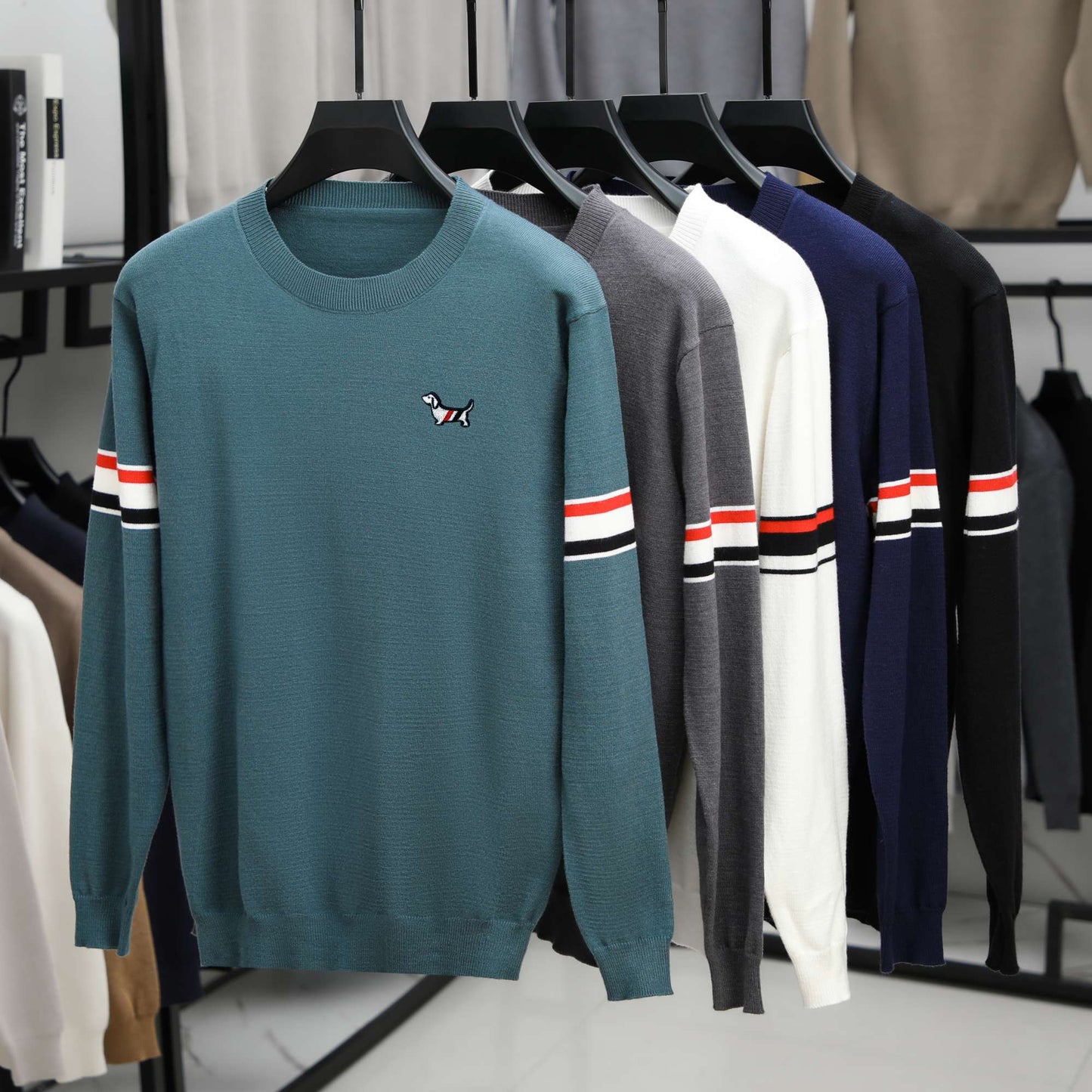 Hot Selling Original Quality Men's Knitted Sweater Striped Sleeves Cartoon Print O-Neck Pullover Autumn Winter Casual Menswear