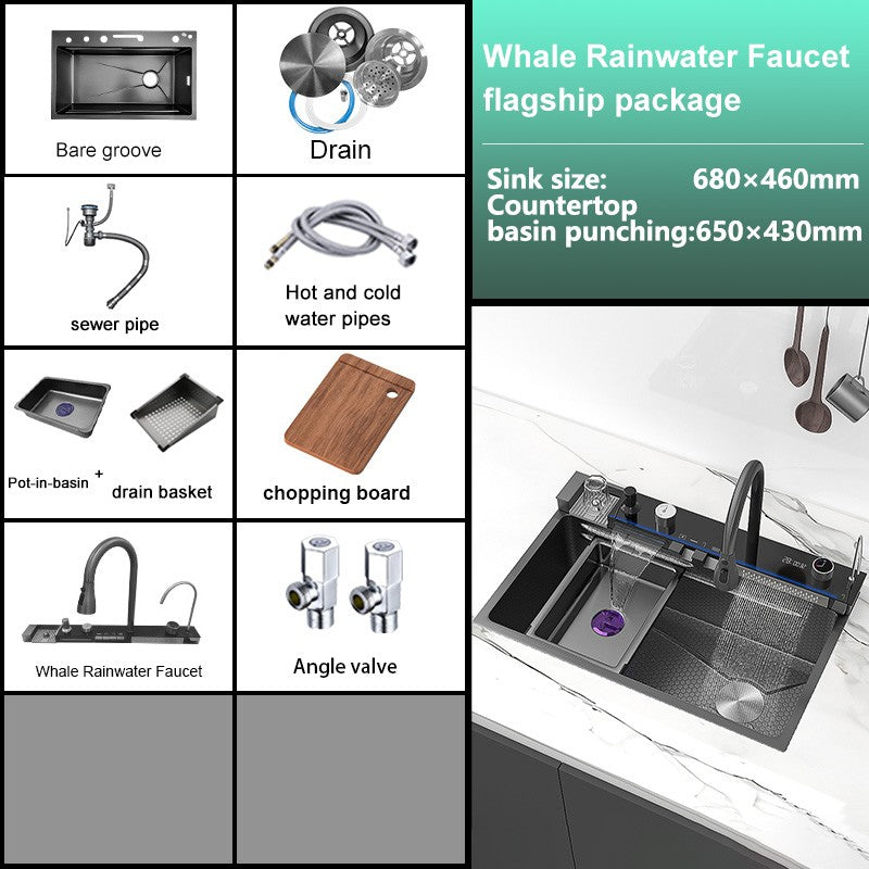 Stainless Steel Waterfall Kitchen Sink Digital Display Faucet Set Embossed Extra Large Single Slot Multiple Types of sinks